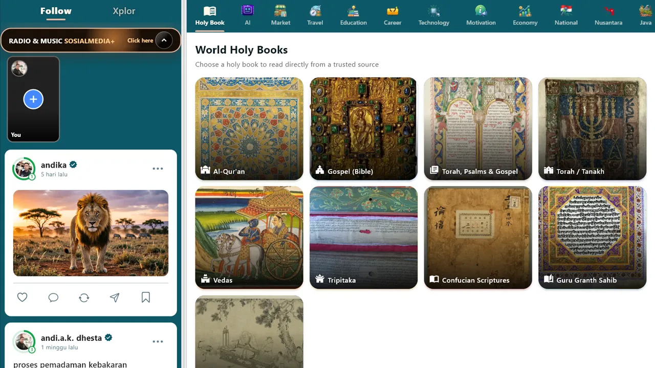 sosmedplus on Windows: the feed beside the World Holy Books library